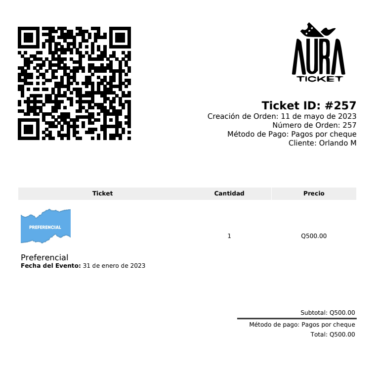 Ticket con código QR y detalles del evento, comprador, hora y lugar