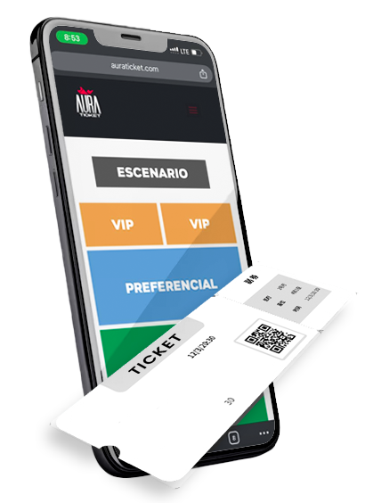 teléfono mostrando un mapa de un evento con un ticket con código QR de AuraTicket